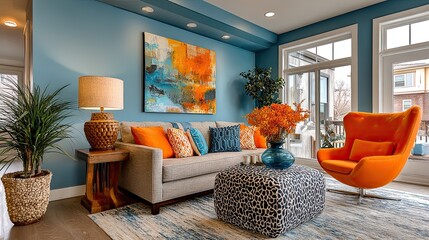 Teal-toned living room with vibrant orange chairs representing modern interior, color contrast, and cozy home vibe