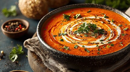 Tomato soup with sour cream swirl in bowl ideal for comfort food, cooking ads, or minimalist gourmet photography