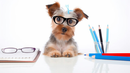 dog at the table on a white background creativity colored pencils study back at school drawing