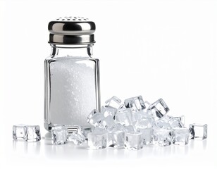 Glass Salt Shaker Dispensing Ice Cubes on White