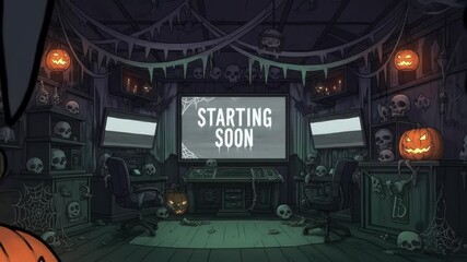 Halloween Themed Streaming Setup. Stream starting soon screen, overlay loop, animated virtual backgrounds, cozy lo-fi gaming room view. vtuber asset twitch zoom OBS. - Powered by Adobe