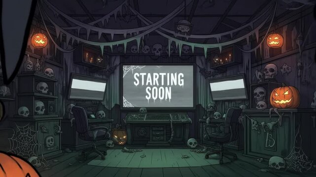 Halloween Themed Streaming Setup. Stream starting soon screen, overlay loop, animated virtual backgrounds, cozy lo-fi gaming room view. vtuber asset twitch zoom OBS.