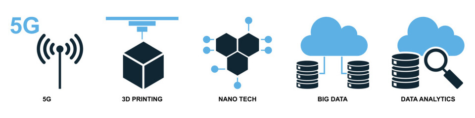 Set technology icon vector, illustrating modern innovations and digital advancements. Perfect for websites, presentations, or apps needing diverse symbols for various tech concepts like AI, networking