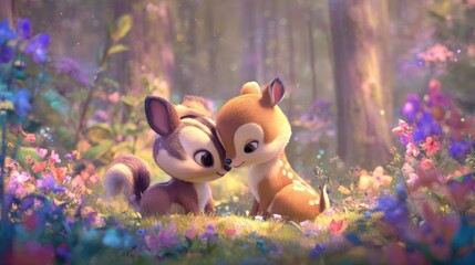 Two adorable, animated forest creatures in a vibrant meadow.
