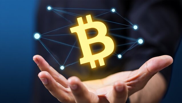 Cryptocurrency concept showing Bitcoin in the palm of a hand with glowing network connections depicting digital finance and blockchain technology - Powered by Adobe