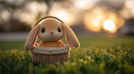 Cute stuffed rabbit in a wicker basket in a grassy field at sunset.