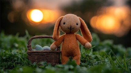Knitted easter bunny figurine with basket of eggs at sunset.