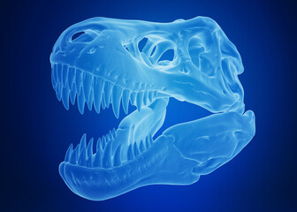 Fossil Tyrannosaurus rex skull in bright blue digital illustration.