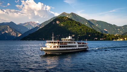 Scenic lake cruise ship on a serene mountain lake