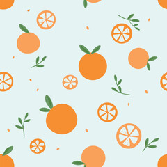 Seamless pattern with orange fruit, green branches and seeds on green background vector. 
