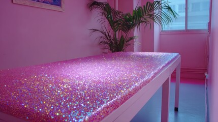 Pink glitter surface on a white table.