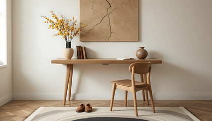 Minimalist Workspace with Wooden Desk, Abstract Wall Art, and Floral Accents