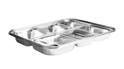 Stainless steel food container with six compartments, durable, leakproof, and perfect for meal prep.