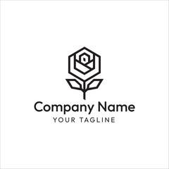 A minimalist rose logo design with a hexagonal shape and clean lines on a white, rose logo, flower logo.