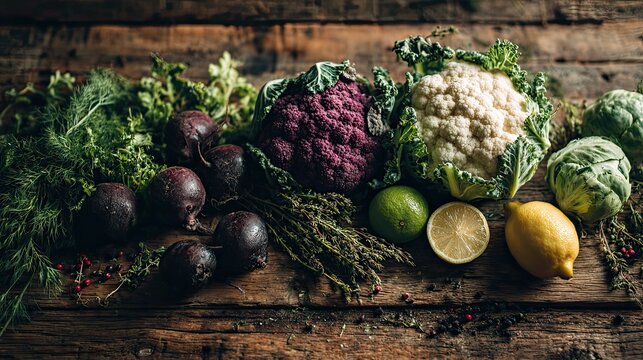 Vegetables and fruits on wooden table arranged in natural layout representing organic living, cooking, and nutrition