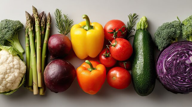 Vegetables and fruits viewed top-down on clean background representing health, nutrition, and fresh market visuals