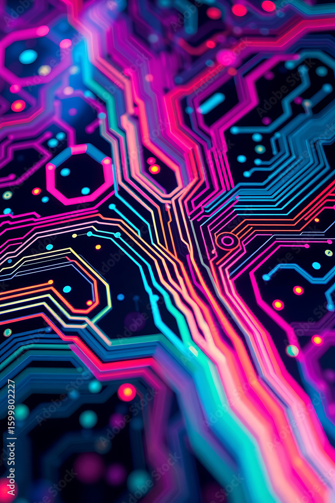 Poster abstract close-up of a colorful circuit board with glowing lines and intricate details.