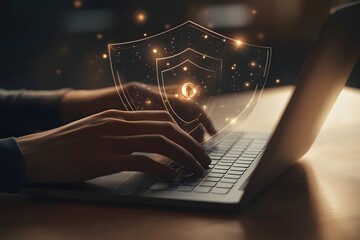Hands typing on a laptop keyboard with digital shield and security icons overlay, symbolizing cybersecurity and data protection.

