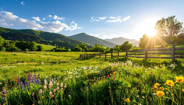 Lush meadow bathed in golden sunlight, nestled between rolling mountains. A wooden fence bisects the vibrant field of wildflowers, bathed in the warm glow of a setting sun