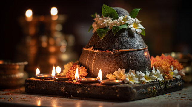 Pradosh Vrat: Shiva linga decorated with bilva leaves, flowers, and diya lamps, shot during Pradosham evening puja, sacred ambiance, clean background