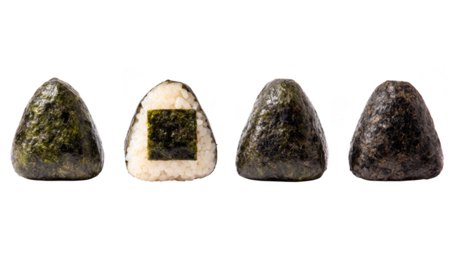 A line of four triangular onigiri, two fully wrapped in nori seaweed, one with a square of nori on white rice, and one with a lighter, textured seaweed wrap, all isolated on a white background.