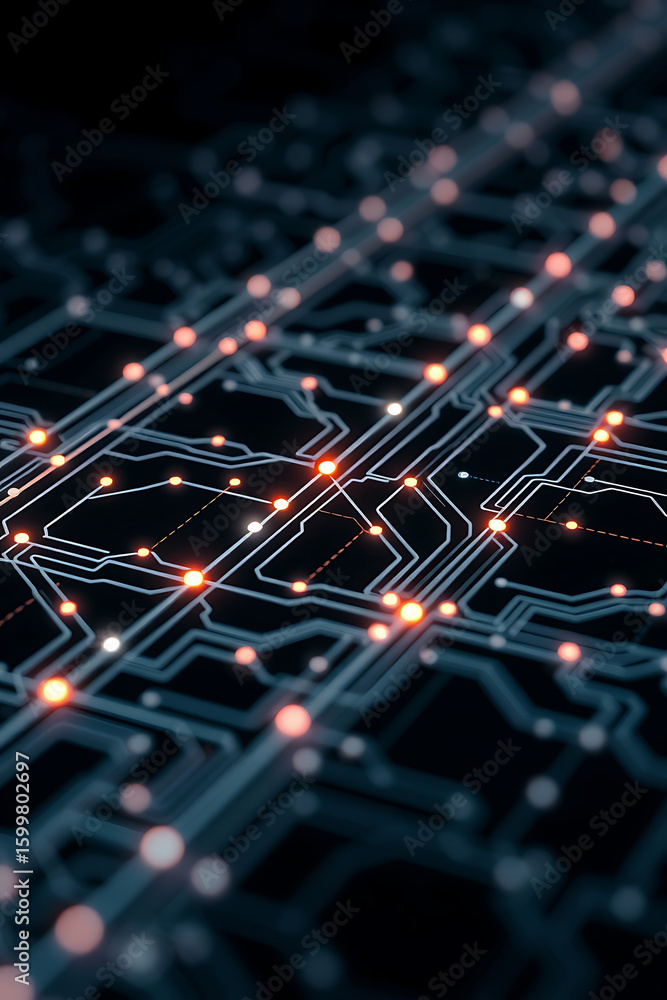 Poster abstract close-up of interconnected circuit lines with glowing orange nodes, suggesting a network or