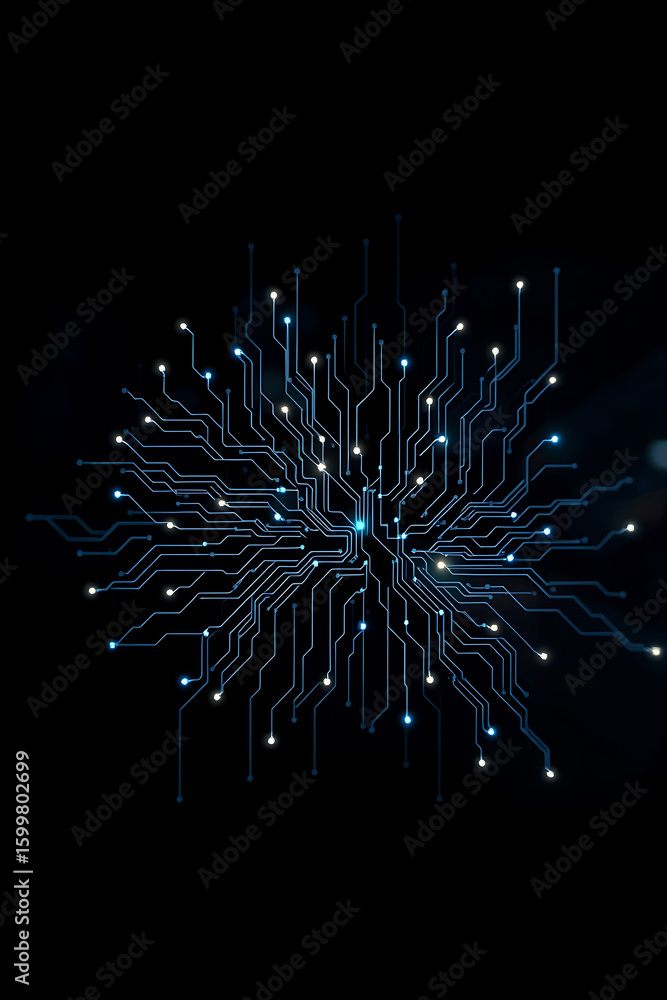 Poster abstract representation of a circuit board with glowing connections against a dark background.