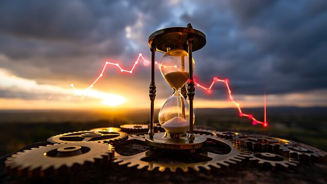 Hourglass and Gears with Declining Graph Against Dramatic Sky Depicting Economic Downturn and Time Running Out