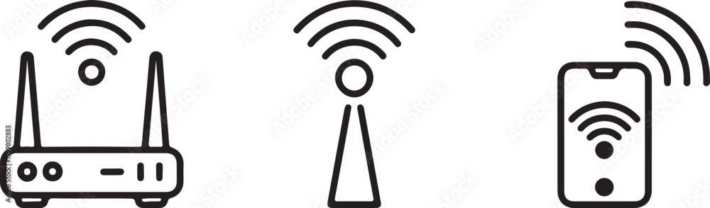 Poster simple black and white icon of a wireless signal tower depicting connectivity communication and mode