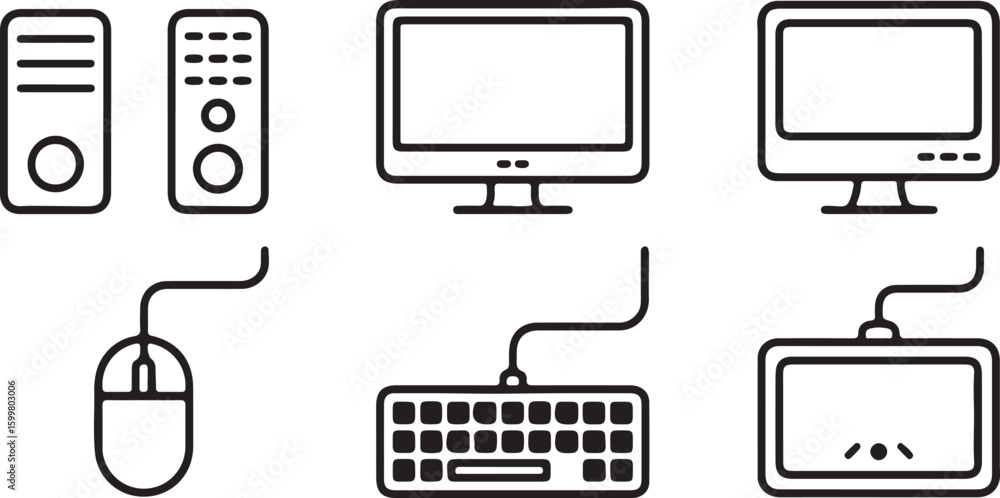 Fototapete simple line art illustration of a desktop computer with a monitor and keyboard ideal for icons infog