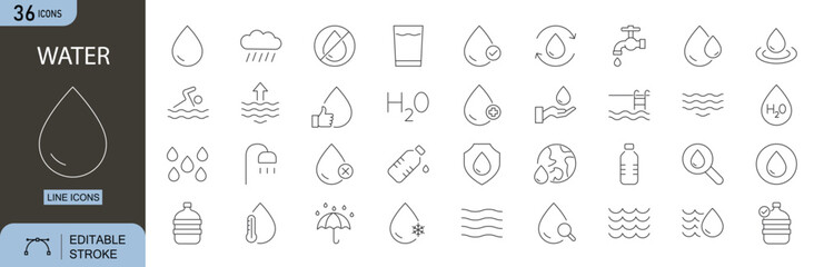 Water icons set. Includes icons for water drop, faucet, clean water, rain, waves, conservation, hydration, plumbing, and water supply. Line icons. Perfect for infographics.