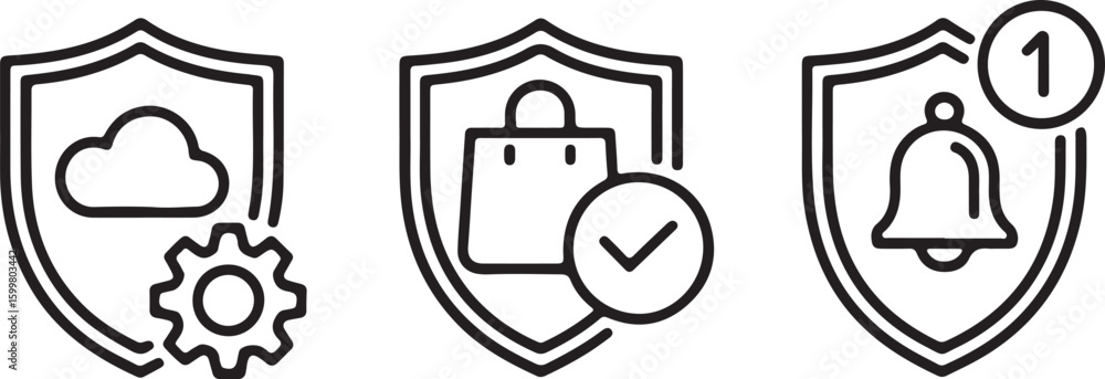 Poster secure shopping vector icon a clean line art illustration of a shopping bag inside a shield with a c