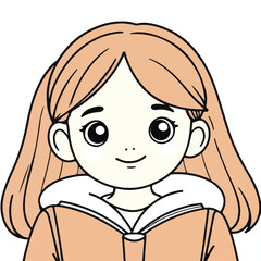Young girl with light orange hair in a hooded jacket, smiling serenely against a plain white background. Girl student wearing a warm, cozy jacket with a white hood in a study space.