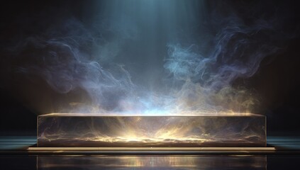 A glowing, rectangular platform bathed in ethereal smoke.