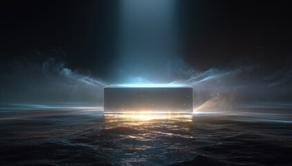 Dark, glowing rectangular platform on a reflective surface.