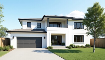 Modern Two Story White House Exterior with Black Accents Landscaping and Garage