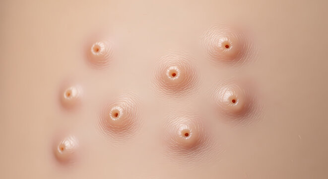 Close-up of an inflamed skin rash from an insect bite, showing red bumps and welts causing dermal irritation on a person's arm.