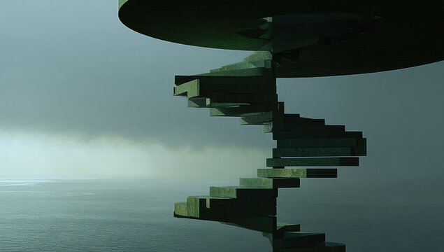 Spiral staircase, dark green, over water