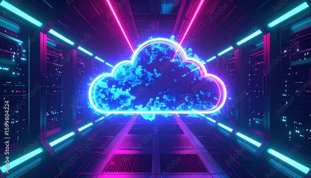 Poster futuristic digital cloud storage technology concept with neon lights and high-tech server environmen