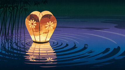 A serene digital illustration depicting a single glowing paper lantern adrift on a tranquil lake, Japanese Obon festival