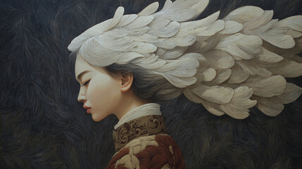  watercolor painting amazing girl with hair form from white feather.