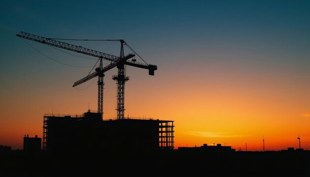 Construction Site Silhouette at Sunset Two Tower Cranes and Building Under Construction