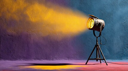 Yellow spotlight on purple background, dramatic lighting, artistic scene, creative studio, colorful contrast art