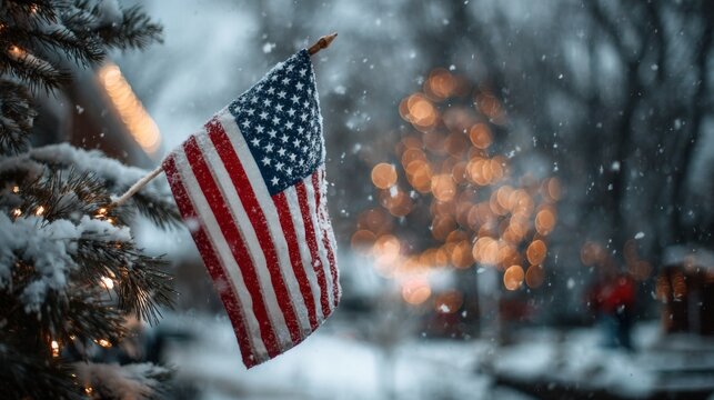 American flag hanging on snowy Christmas tree with lights in winter street, banner with copy space