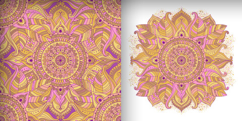 Colorful intricate floral seamless pattern and mandala. Ethnic, oriental, indian, asian motifs. Abstract shapes and floral ornament in pink yellow color palette.