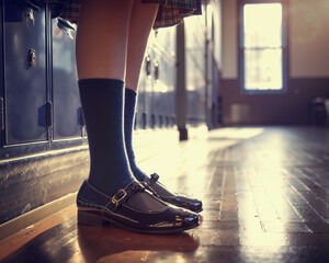 Nostalgic High School Hallway with Black Patent Mary Jane Shoes, Navy Socks, and Plaid Skirt Hovering Above Polished Wood