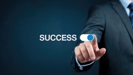 Businessman activates success with a touch, symbolizing achievement and opportunity in business