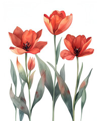 Obraz premium Elegant Red Tulips Watercolor Painting Floral Art Botanical Illustration