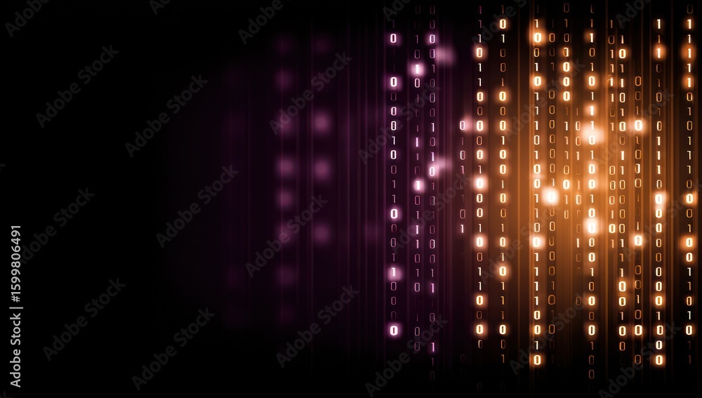 Poster binary code background with glowing effect.