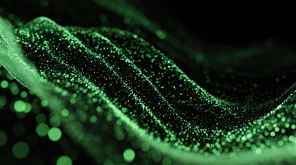 Abstract digital illustration of swirling, glowing green particles.